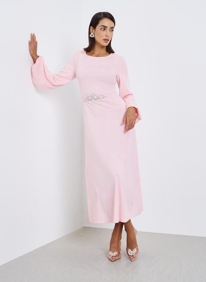 Women Pink Embellished Waist Midi Dress